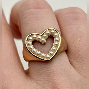Gold Tone Heart-Shaped Faux Pearl Adjustable Ring—Size 7